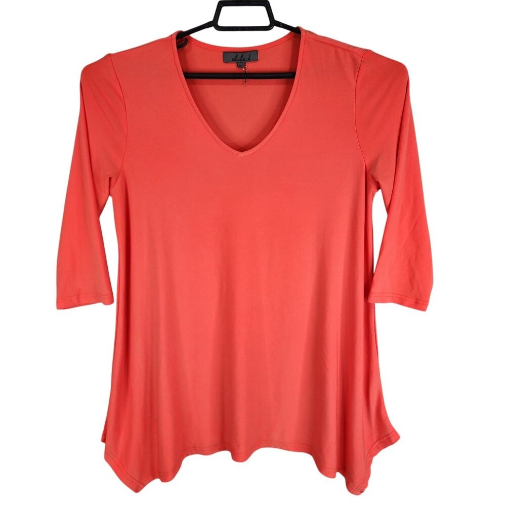 Womens Orange Alisha D Blouse Top V Neck 3/4 Sleeve Asymmetric Hem Stretch M